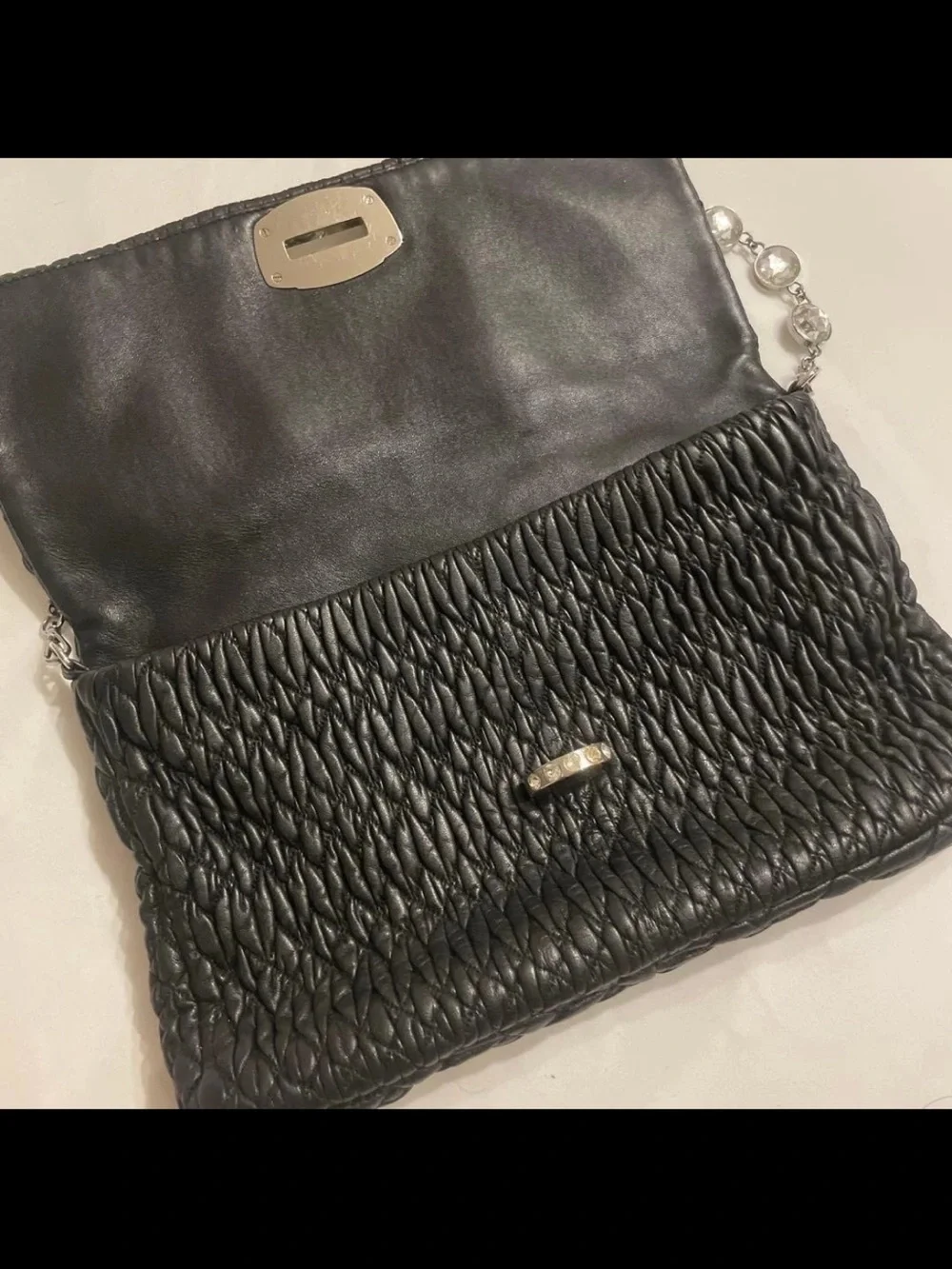 Miu Miu Black Quilted Leather Shoulder Bag with Crystal-Strap